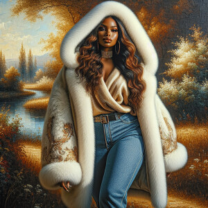 Craft a 4K glossy oil painting portraying a regal, plus-size Afr...