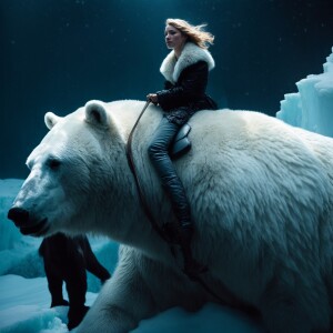 Me riding Cute Polar bear on top of a thin and tall eisberg, eve...