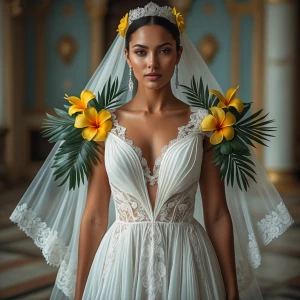 hyper realistic photography, look to the front, Brazilian bride...