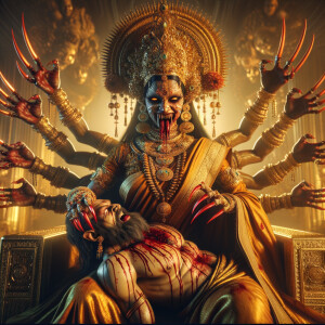 portrait of angry looking, four-armed indian goddess sitting on...