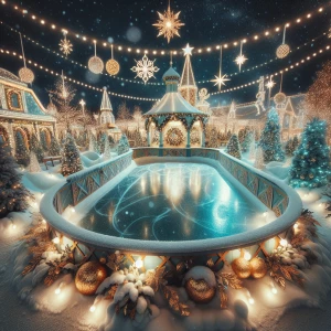 Whimsical Christmas scene. North Pole lit up at night. Gold leaf...