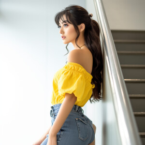 Capture the elegance of a fair-skinned woman with dark long hair...