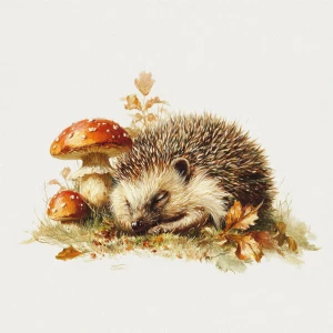 Hedgehog resting peacefully beside mushroom, charming vintage ar...