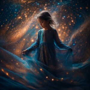 A shimmering ethereal spirit dances among the stars, its form fl...
