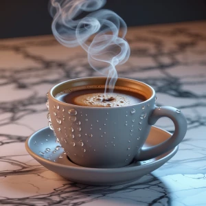 A freshly poured cup of coffee on a marble counter, with steam c...