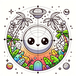 Centered on a white background is an outer space graphic art des...