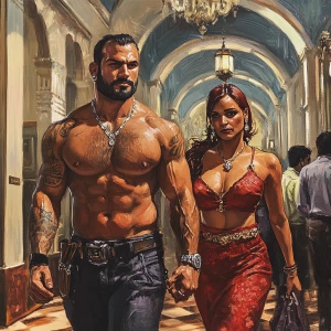 Fantasy painting.A sweaty beefy man walking with his 54 year old...