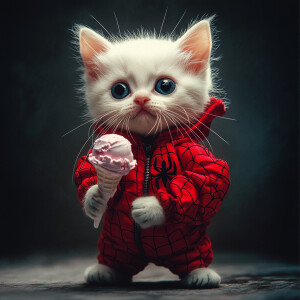 white kitten wearing spiderman suit holding ice cream