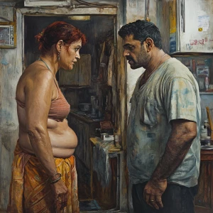Hyperrealistic painting,A muscular sweaty man talking to his 54...