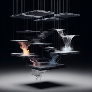 Floating thin slabs of black slate stone that connects the piece...