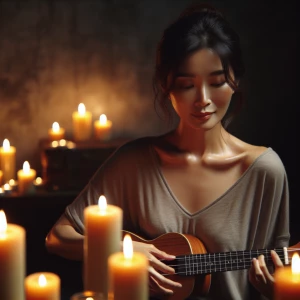 A serene woman in her 30s seated in a dim, dark-themed room, sur...
