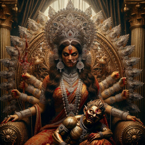 portrait of angry looking goddess durga, sitting on a gold crown...