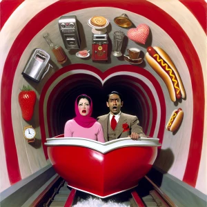 A creepy tunnel of love. A couple is floating in a red heart sha...