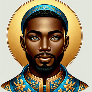 Create a beautiful African-American Jesus Christ with Hazel, brown eyes and blue and gold robe