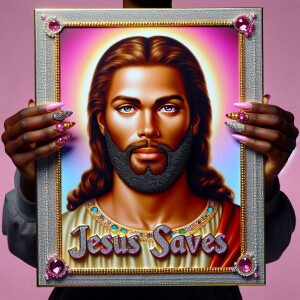 A 3D realistic artwork featuring the phrase 'Jesus Saves' adorne...