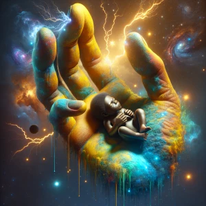 digital art large hand with flesh pealing of the hand a burst of...