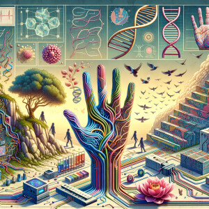 circuitry, diagrams Cellular structures, DNA, circuit boards, colorful wires,  asian and Egyptian  graffiti, lie detector graphs, cardio, printout , branches infinity sign, cave, Art, handprints, distant birds flying, flowering vines, abstract gestural painting, dna