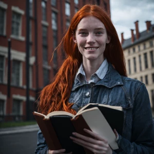 university student ginger girl holding a book