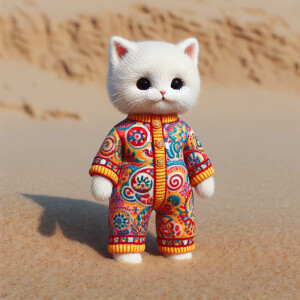 Illustrate a realistic, anthropomorphic white kitten standing on...