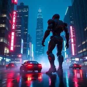 Create a hyper-realistic image of a futuristic neon-lit cityscap...