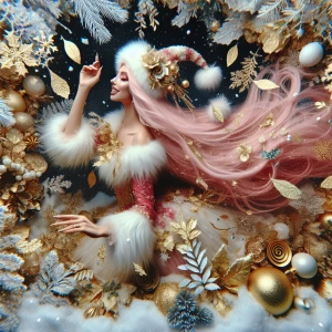 "Create a wide-angle image of a woman with long pink hair standi...