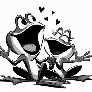 1950s style vintage cartoon black and white, 2 frogs love each o...