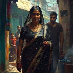 Create a digital art piece depicting a 54-year-old Gujarati hous...