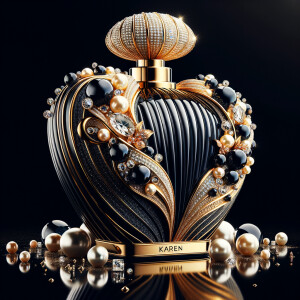 Design a fancy, black and gold bottle of perfume in the shape of a woman’s body. With a golden diamond top, flowers pearls and Diamonds in the name, Karen