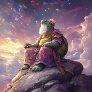 An enchanting, wise turtle sage, anthropomorphic in form, seated...