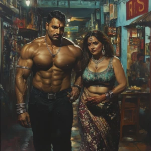 Photorealism,fantasy,a bodybuilder man ,walking with his 50 year...
