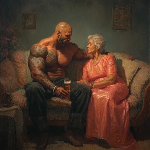 Realism,  painting.a muscular beefy sweaty tattoed indian man si...