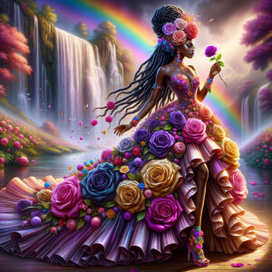 Remix Prompt
S/O Jackie Torres
S/O Panda Locke

create a animated style hyper realistic airbrush whimsical oil painting of a light African American woman wearing a flawless beautiful purple, pink, and gold blossom dress long flowing with colorful flowers and ruffles on the dress colorful jewelry made of flowers she has long black dreadlocks in a bun a colorful rose in her hair her peep toe shoes is matching her dress behind her is a beautiful waterfall liquid glowing lights beautiful colorful rainbow surrounded by beautiful roses.