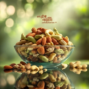 Create an image featuring a bowl of assorted nuts on a reflective surface. The background should be blurred with greenery, similar to a garden setting. Include text in Bengali that translates to 'Are you enjoying nuts?' and incorporate a logo indicating the product is from City Group. Ensure the overall color scheme and composition are attractive and inviting, similar to a refreshing and healthy lifestyle advertisement