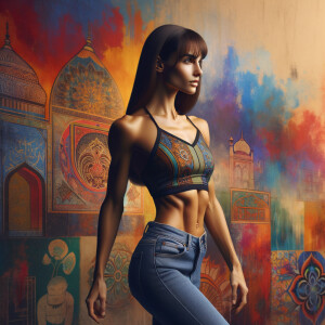 Athletic Thin skinny Attractive, Asian teenage girl, long brown hair and bangs, wearing tight skinny jeans and a halter top paint marks on her clothing, heroic pose Asian graffiti background, side view