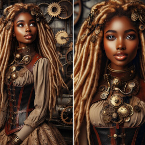 Create a vivid description of a young Afro Steampunk woman with...