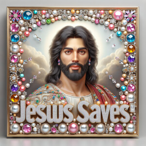 A 3D realistic artwork featuring the phrase 'Jesus Saves' adorne...