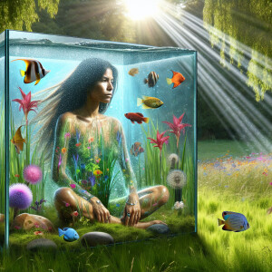 Prompt: Create an image of a woman made entirely of glass, fille...