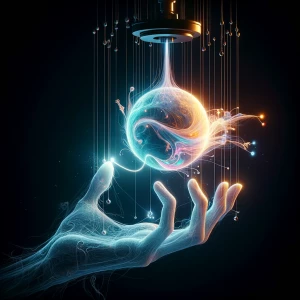A static shot: A translucent hand suspended in the air controls...
