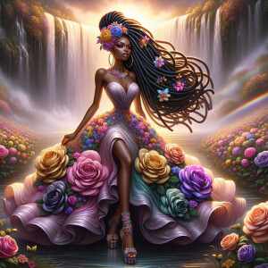 Remix Prompt
S/O Jackie Torres
S/O Panda Locke

create a animated style hyper realistic airbrush whimsical oil painting of a light African American woman wearing a flawless beautiful purple, pink, and gold blossom dress long flowing with colorful flowers and ruffles on the dress colorful jewelry made of flowers she has long black dreadlocks in a bun a colorful rose in her hair her peep toe shoes is matching her dress behind her is a beautiful waterfall liquid glowing lights beautiful colorful rainbow surrounded by beautiful roses.