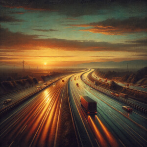 Old oil paint on highway on sunset