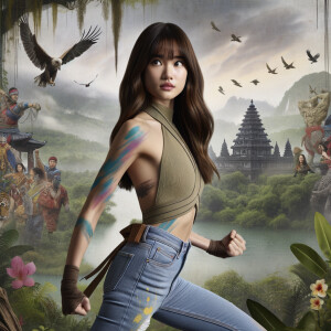 Athletic Thin skinny Attractive, Asian teenage girl, long brown hair and bangs, wearing tight skinny jeans and a halter top paint marks on her clothing, heroic pose Asian graffiti background, side view