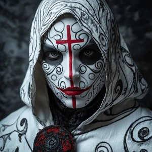 A close-up portrait of a person with a white face painted with i...