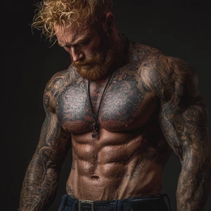 A muscular male bodybuilder with ginger and blonde hair and a be...