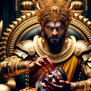 portrait of intense looking indian goddess sitting on a gold cr...
