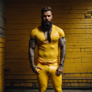 A bearded, muscular man confidently stands with his hands in his...