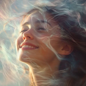 A person's expression gradually shifts from deep in thought to a...