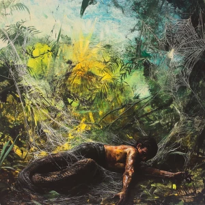 A amazon jungle scene with a 30 meter area is covered in spider...