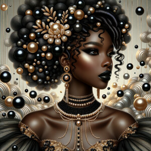 Imagine a digital portrait of a light skinned African-American Latino regal woman named KAREN Her attire and accessories are exclusively adorned with black and gold pearls. They grace her voluminous hair, styled in an elegant updo, where the black pearls form the roots and the gold pearls create the stunning curls. Her ears boast chandelier earrings, with black pearls clustered at the top, transitioning to gold pearls that dangle with delicate grace. Around her neck, a tiered necklace cascades with strands of alternating black and gold pearls, reflecting a sophisticated contrast.

Her shoulders are draped with a luxurious off-shoulder gown, the fabric's weave incorporating intricate patterns formed by black and gold pearls. The gown's texture has a subtle sheen, suggesting a high-quality material with a pearlescent finish. As a centerpiece, a grand brooch sits at her collar, with a large gold pearl surrounded by an elaborate design of smaller black pearls.

The background of the portrait features an abstract composition of floating pearls, swirling in a dance of shadows and light, emphasizing the color theme of black and gold. The name "KAREN" is discreetly integrated into the lower right corner of the artwork, blending seamlessly with the design, as if it were a signature part of the jewelry ensemble. The overall effect is one of timeless elegance, a blend of modern design and classic beauty, all tied together by the luxurious palette of black and gold.