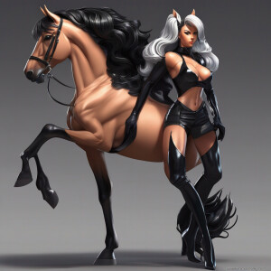 A beautiful very muscular female horse anthro with black latex s...