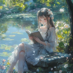 Create an image of an anime-style girl influenced by Pre-Raphael...